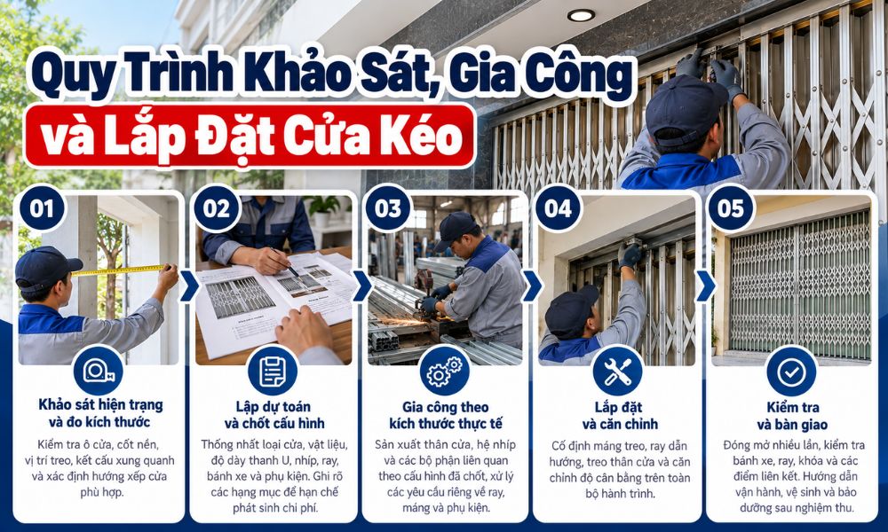 Quy trình khảo sát, gia công và lắp đặt cửa kéo