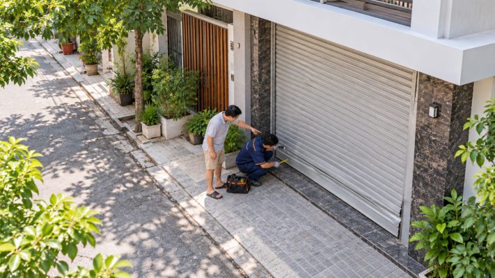 Minh hoạ thợ kiểm tra, bảo dưỡng cửa cuốn tại nhà