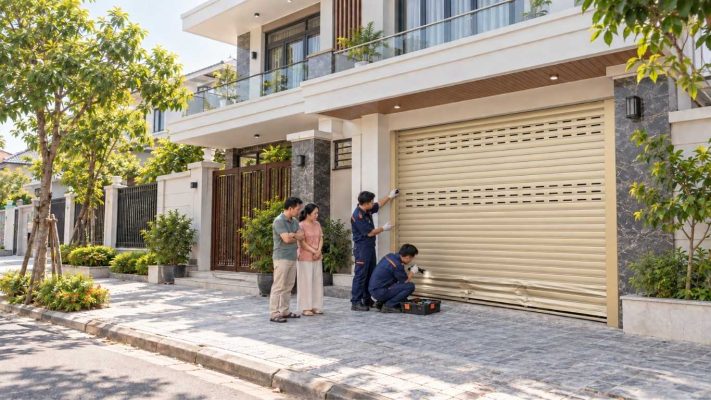 Minh hoạ khảo sát, đo kích thước ô cửa trước khi lắp cửa cuốn